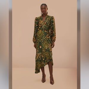 Farm Rio Green Pineapple Ikat Long Sleeve Midi Dress